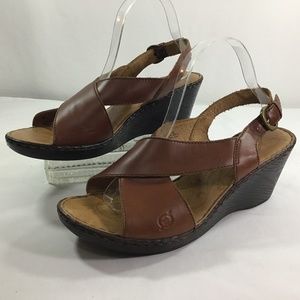 Born Crisscross Brown Strap Wedge Leather Sandals